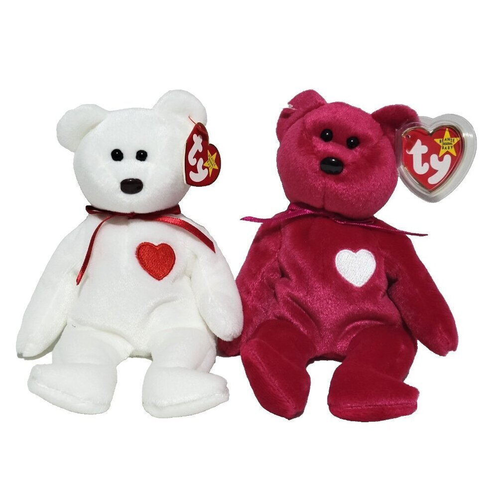 Vintage Ty Beanie Babies Valentino & Valentina Bears 1993 1999 White Pink New